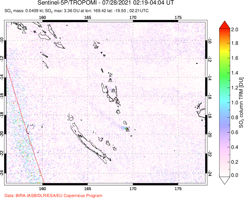 A sulfur dioxide image over Vanuatu, South Pacific on Jul 28, 2021.