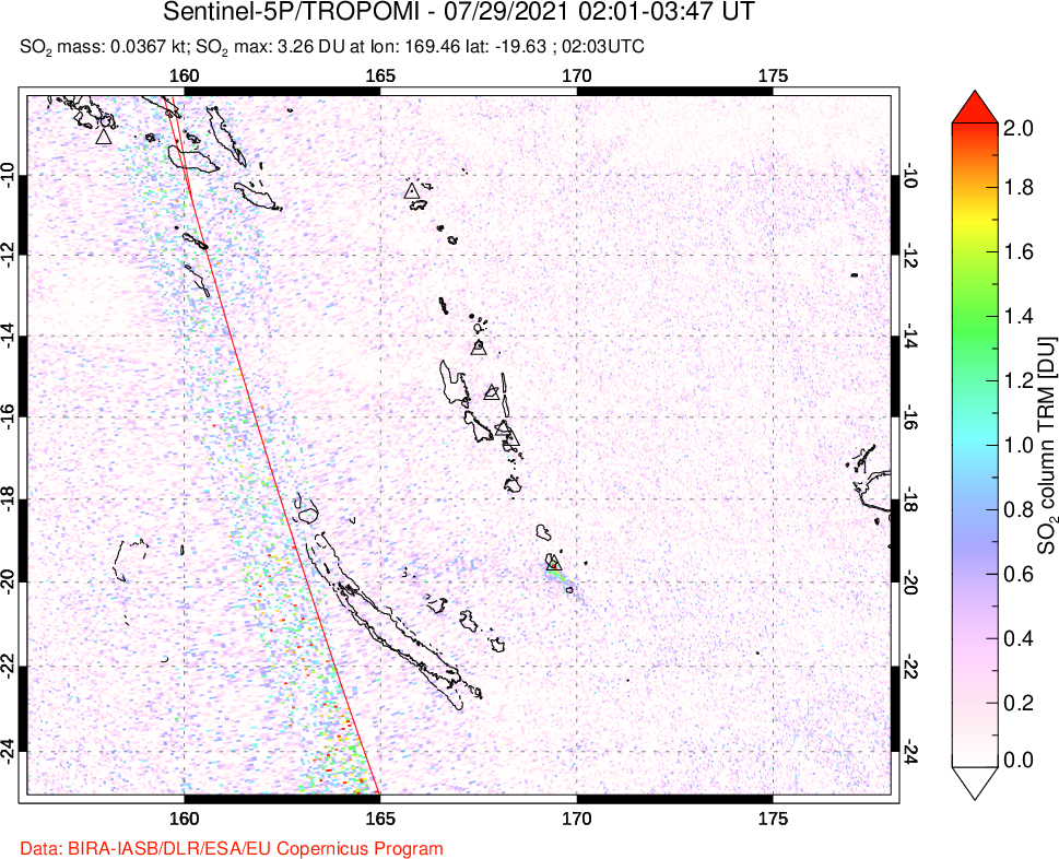 A sulfur dioxide image over Vanuatu, South Pacific on Jul 29, 2021.