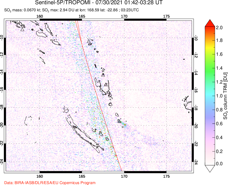 A sulfur dioxide image over Vanuatu, South Pacific on Jul 30, 2021.