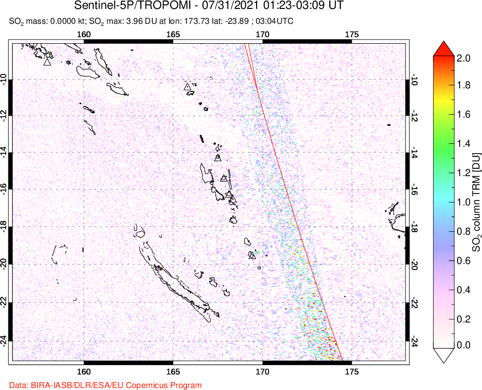 A sulfur dioxide image over Vanuatu, South Pacific on Jul 31, 2021.