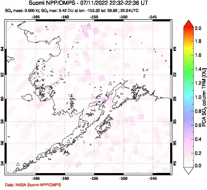 A sulfur dioxide image over Alaska, USA on Jul 11, 2022.