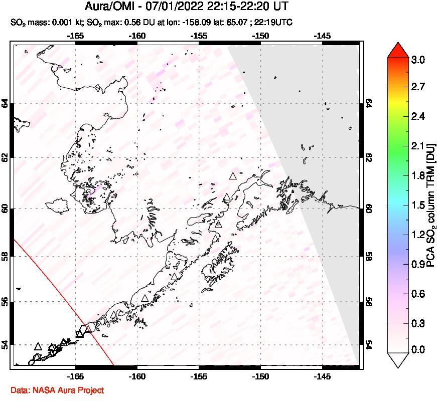 A sulfur dioxide image over Alaska, USA on Jul 01, 2022.
