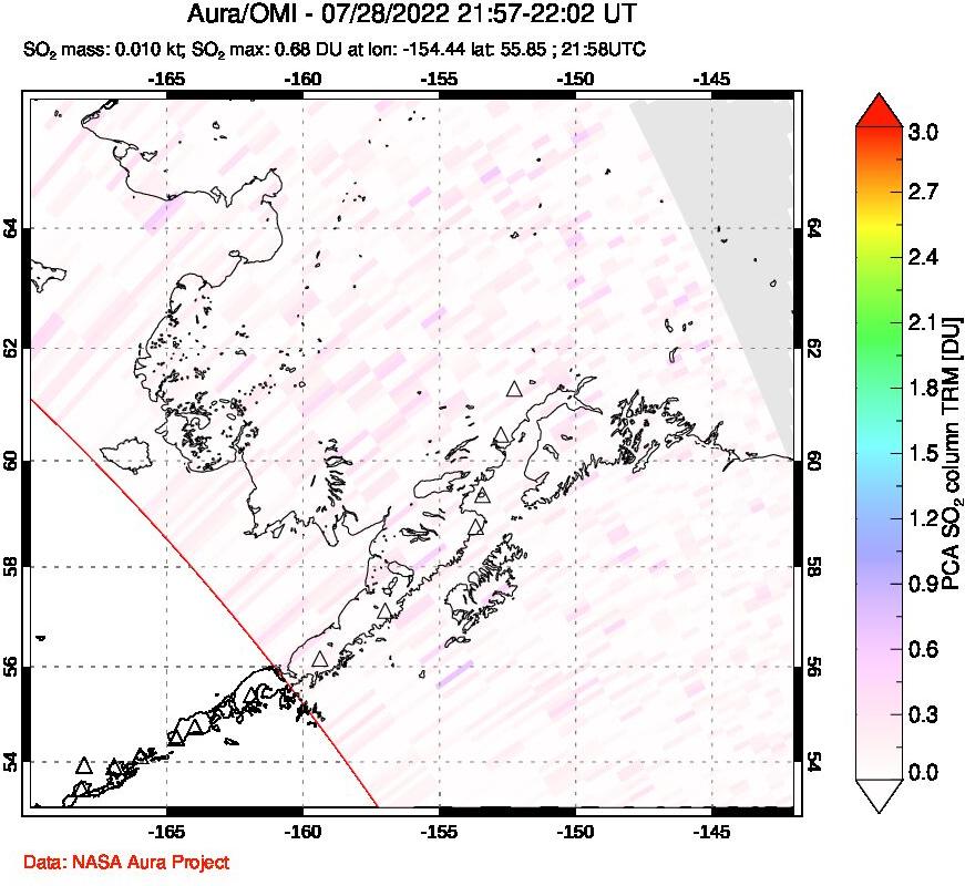 A sulfur dioxide image over Alaska, USA on Jul 28, 2022.
