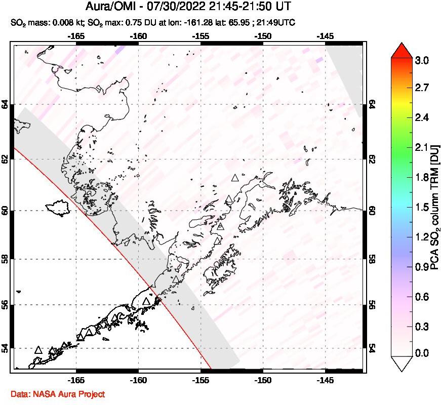 A sulfur dioxide image over Alaska, USA on Jul 30, 2022.