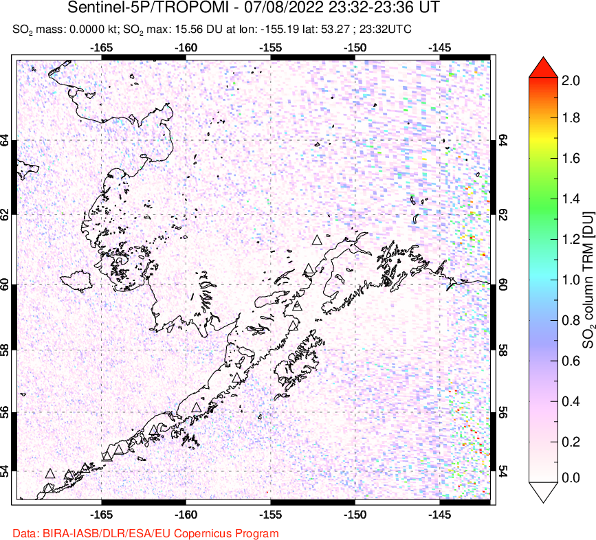 A sulfur dioxide image over Alaska, USA on Jul 08, 2022.