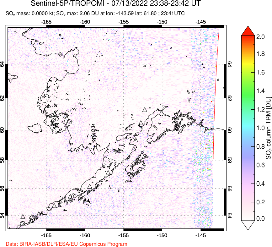 A sulfur dioxide image over Alaska, USA on Jul 13, 2022.