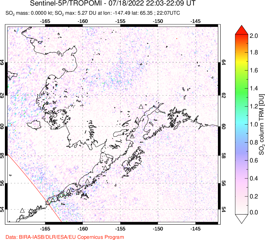 A sulfur dioxide image over Alaska, USA on Jul 18, 2022.