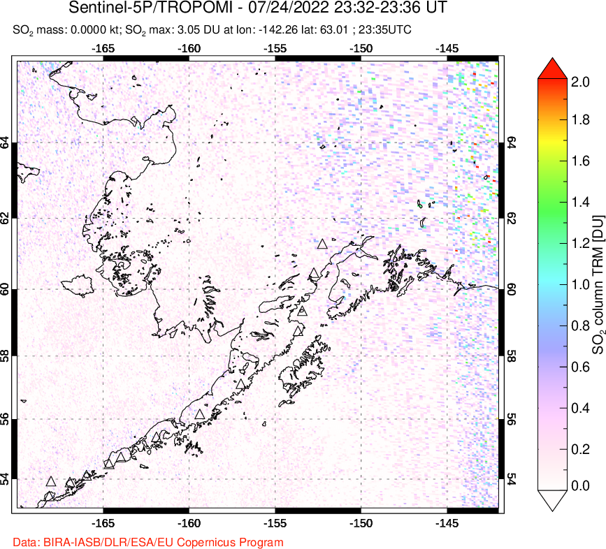 A sulfur dioxide image over Alaska, USA on Jul 24, 2022.