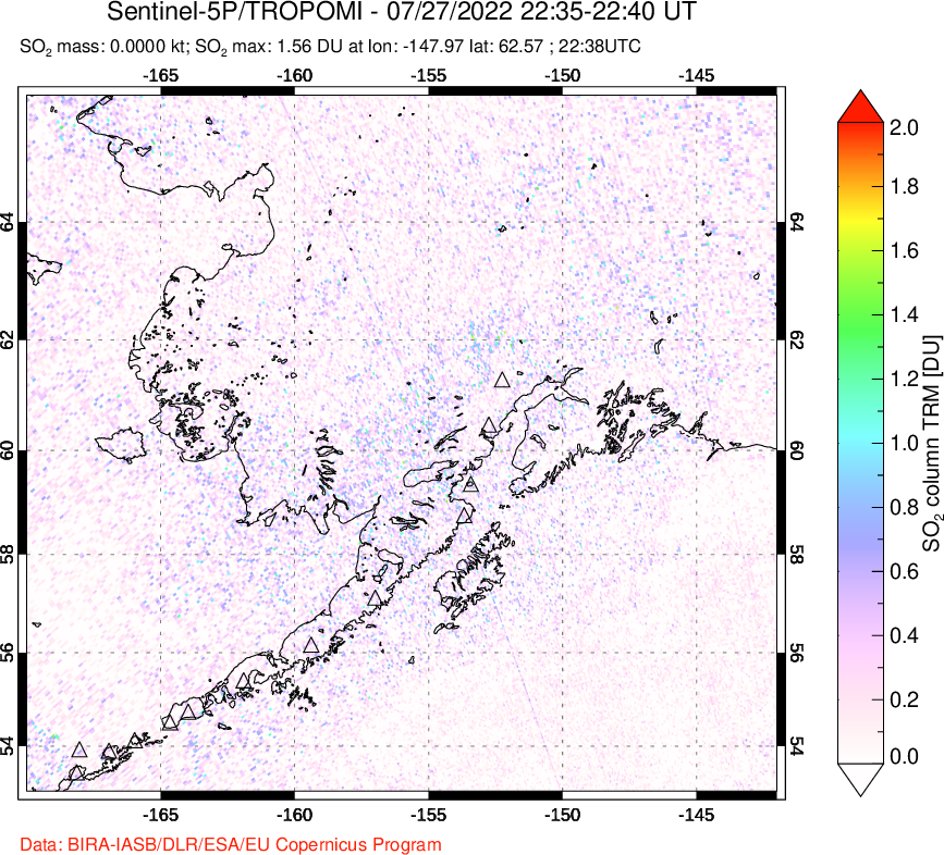 A sulfur dioxide image over Alaska, USA on Jul 27, 2022.
