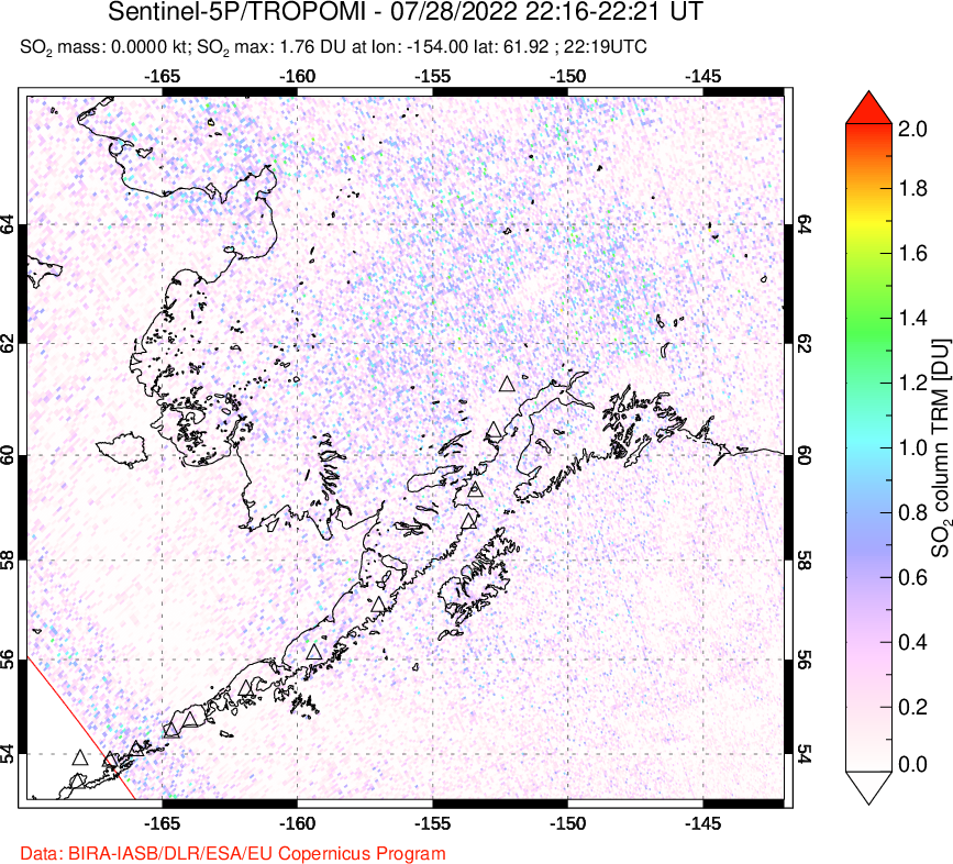 A sulfur dioxide image over Alaska, USA on Jul 28, 2022.