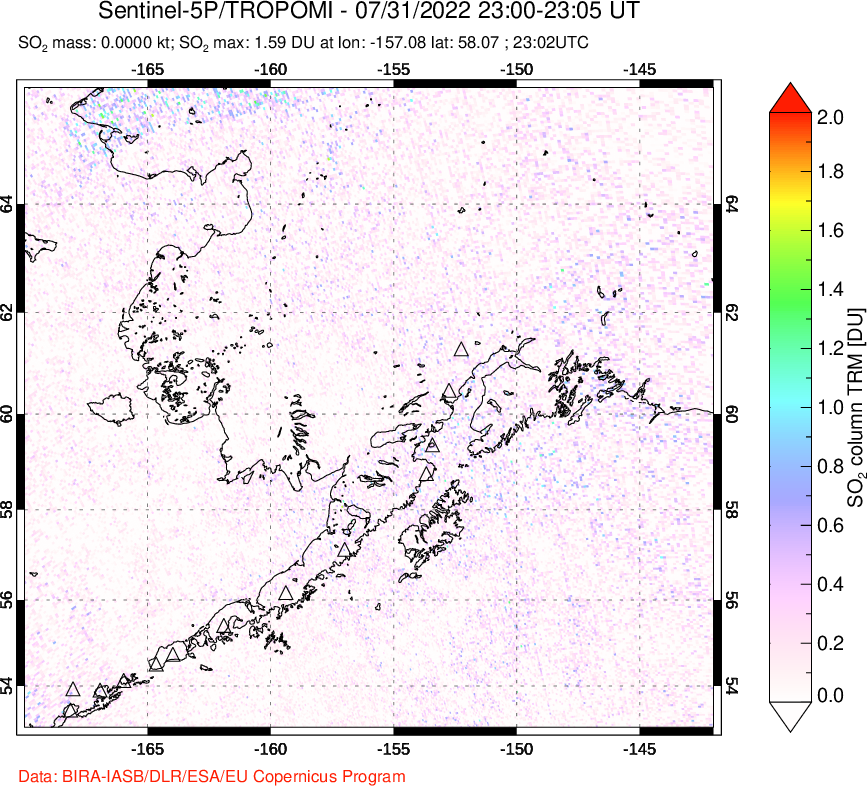 A sulfur dioxide image over Alaska, USA on Jul 31, 2022.