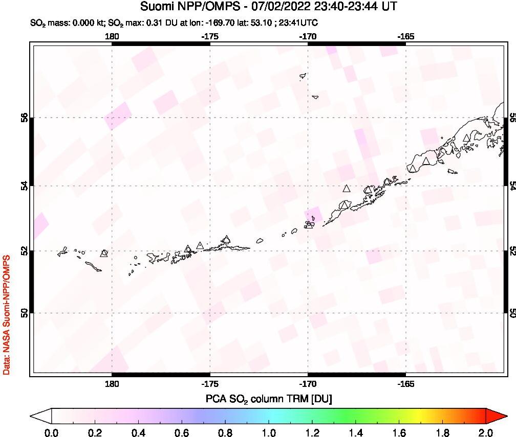 A sulfur dioxide image over Aleutian Islands, Alaska, USA on Jul 02, 2022.