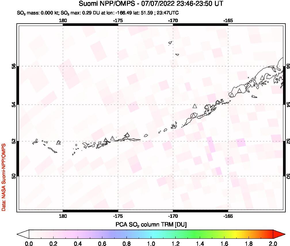 A sulfur dioxide image over Aleutian Islands, Alaska, USA on Jul 07, 2022.