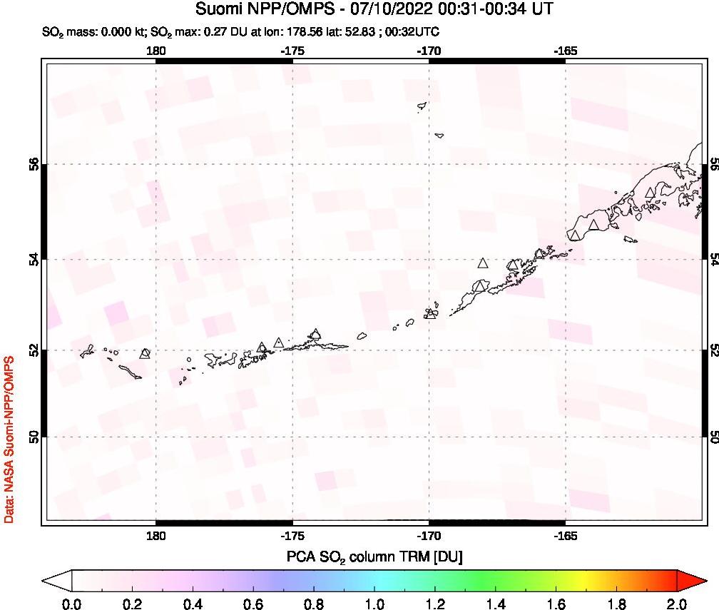 A sulfur dioxide image over Aleutian Islands, Alaska, USA on Jul 10, 2022.