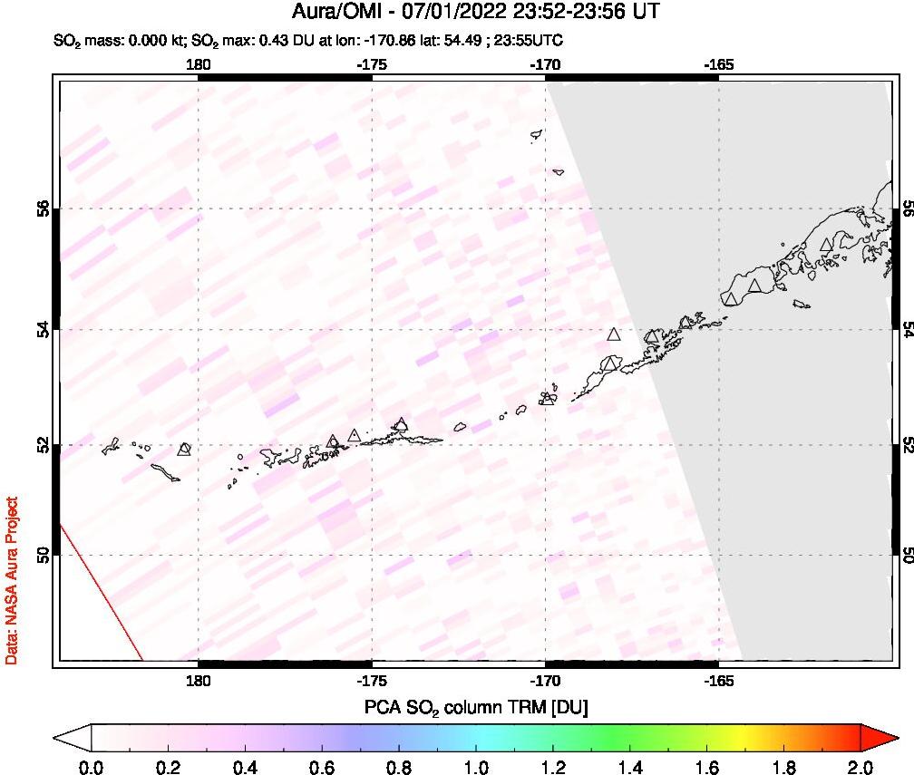 A sulfur dioxide image over Aleutian Islands, Alaska, USA on Jul 01, 2022.
