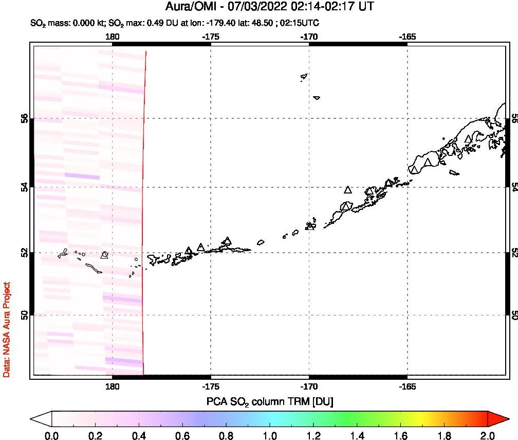 A sulfur dioxide image over Aleutian Islands, Alaska, USA on Jul 03, 2022.