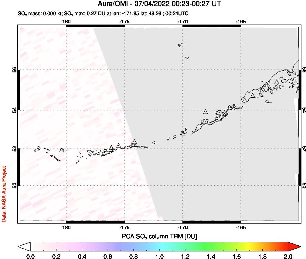 A sulfur dioxide image over Aleutian Islands, Alaska, USA on Jul 04, 2022.