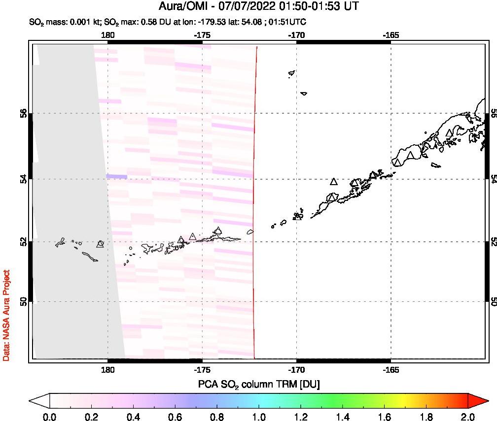 A sulfur dioxide image over Aleutian Islands, Alaska, USA on Jul 07, 2022.