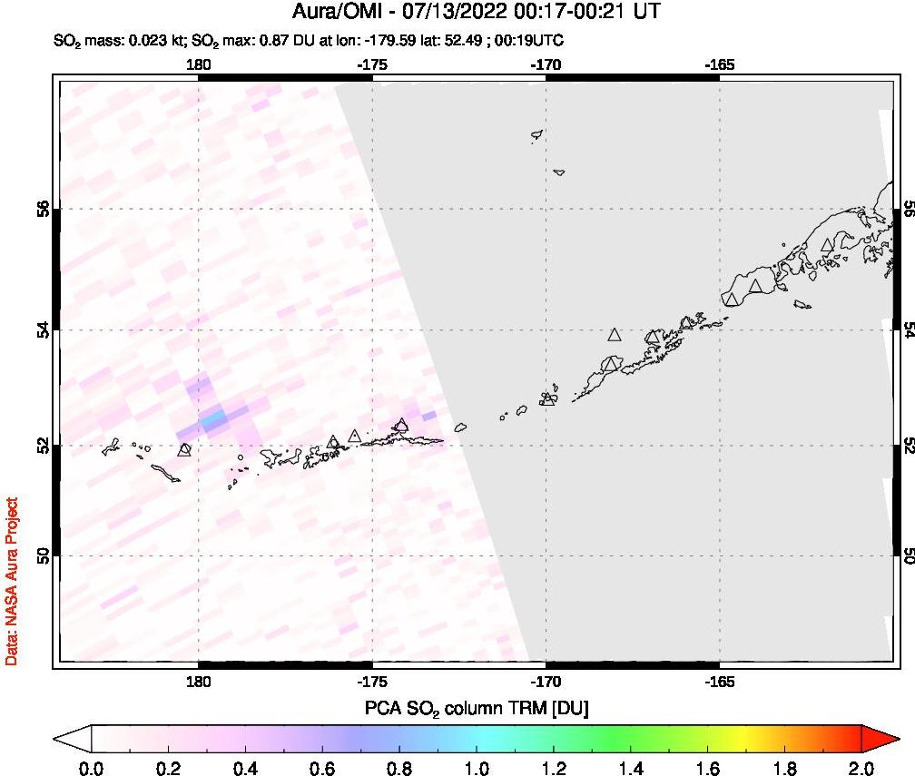 A sulfur dioxide image over Aleutian Islands, Alaska, USA on Jul 13, 2022.