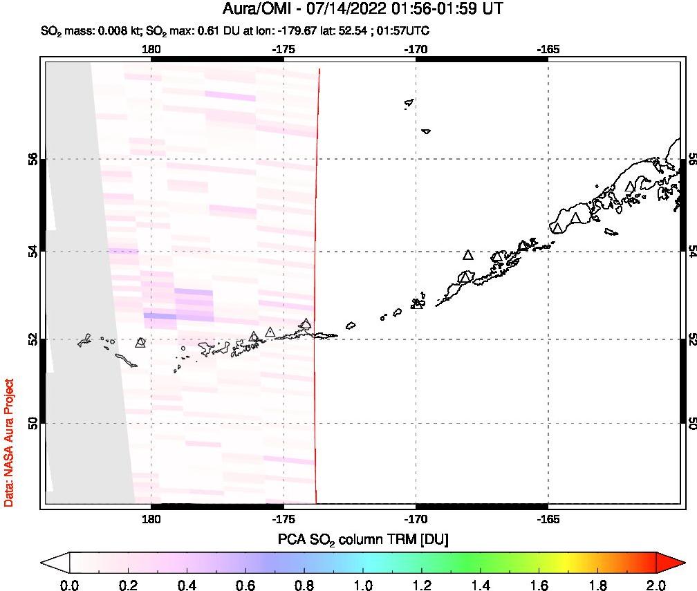 A sulfur dioxide image over Aleutian Islands, Alaska, USA on Jul 14, 2022.