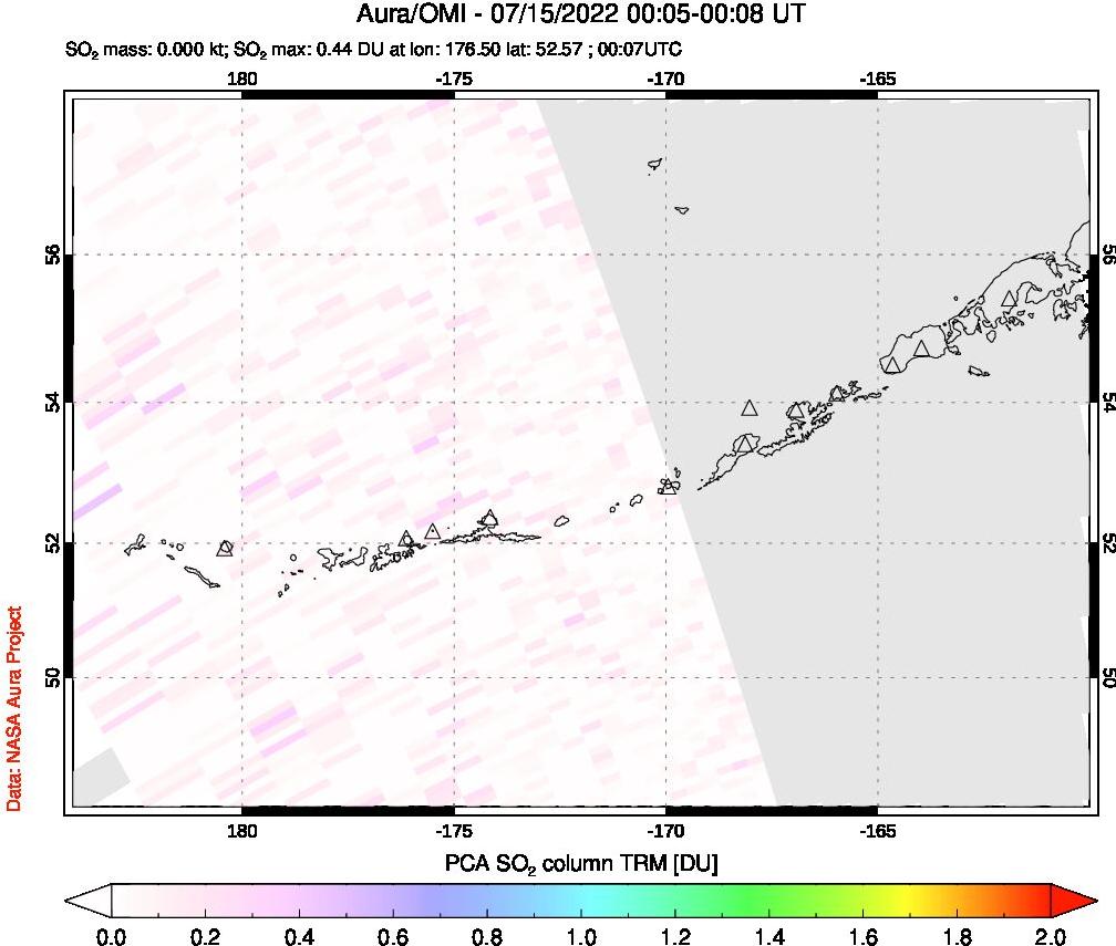 A sulfur dioxide image over Aleutian Islands, Alaska, USA on Jul 15, 2022.