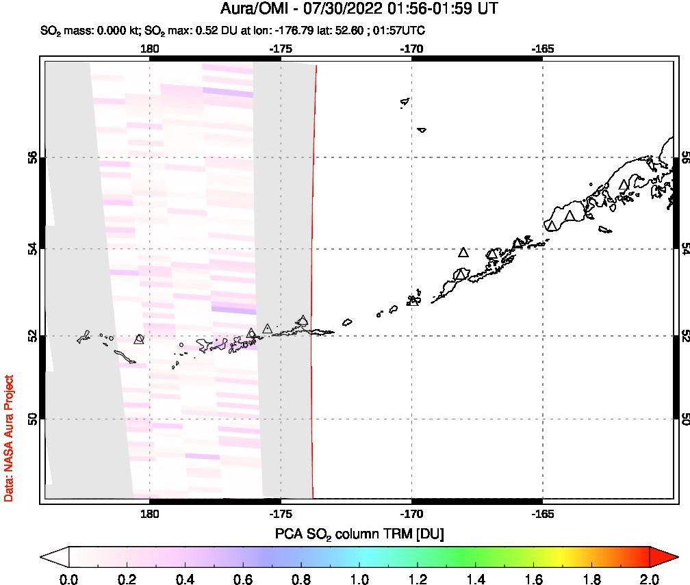 A sulfur dioxide image over Aleutian Islands, Alaska, USA on Jul 30, 2022.