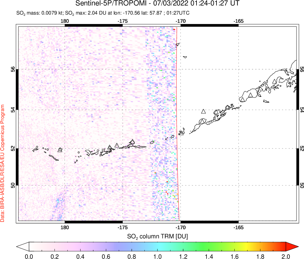A sulfur dioxide image over Aleutian Islands, Alaska, USA on Jul 03, 2022.
