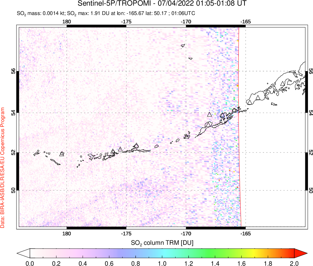 A sulfur dioxide image over Aleutian Islands, Alaska, USA on Jul 04, 2022.