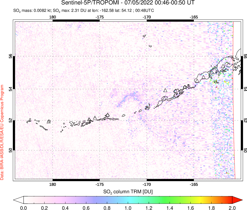 A sulfur dioxide image over Aleutian Islands, Alaska, USA on Jul 05, 2022.