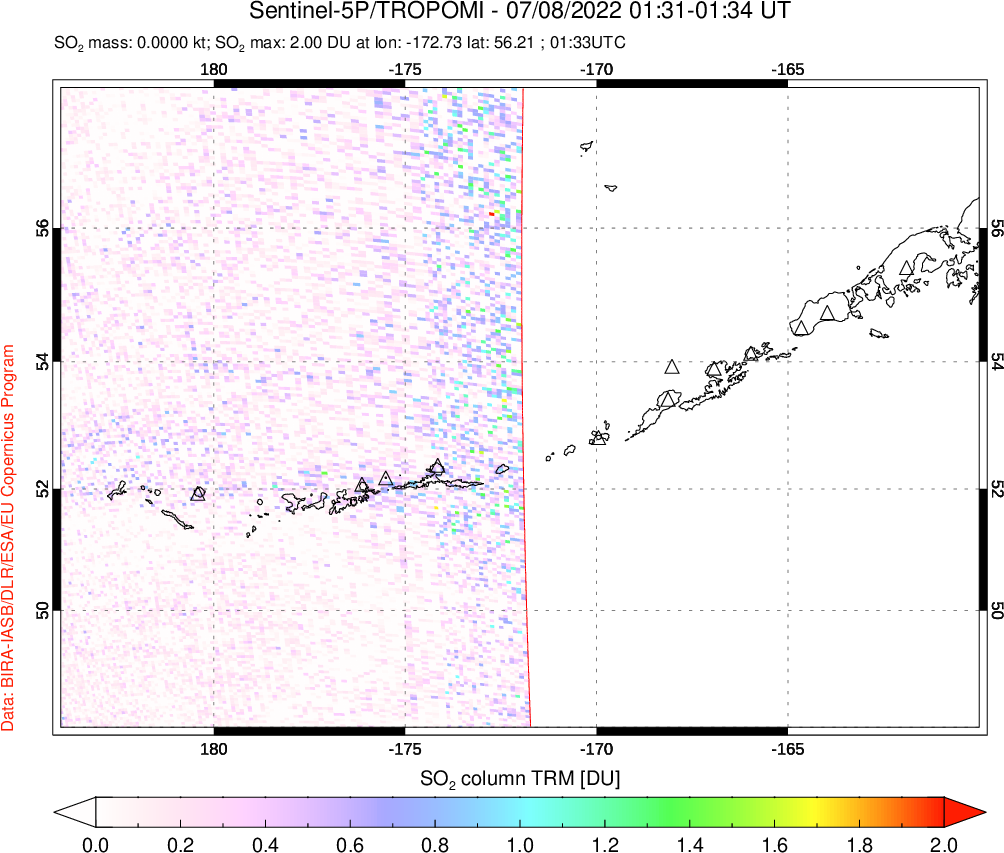A sulfur dioxide image over Aleutian Islands, Alaska, USA on Jul 08, 2022.