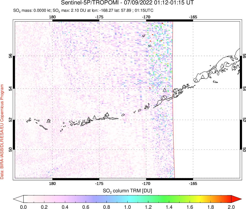 A sulfur dioxide image over Aleutian Islands, Alaska, USA on Jul 09, 2022.