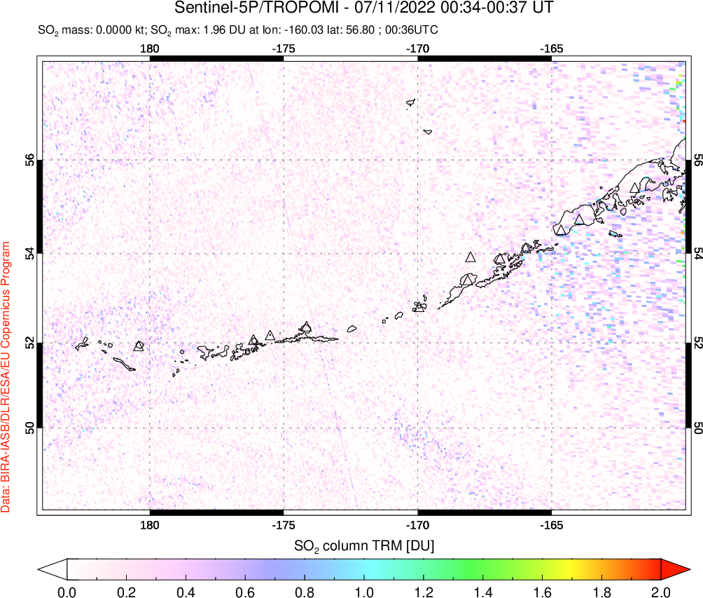 A sulfur dioxide image over Aleutian Islands, Alaska, USA on Jul 11, 2022.