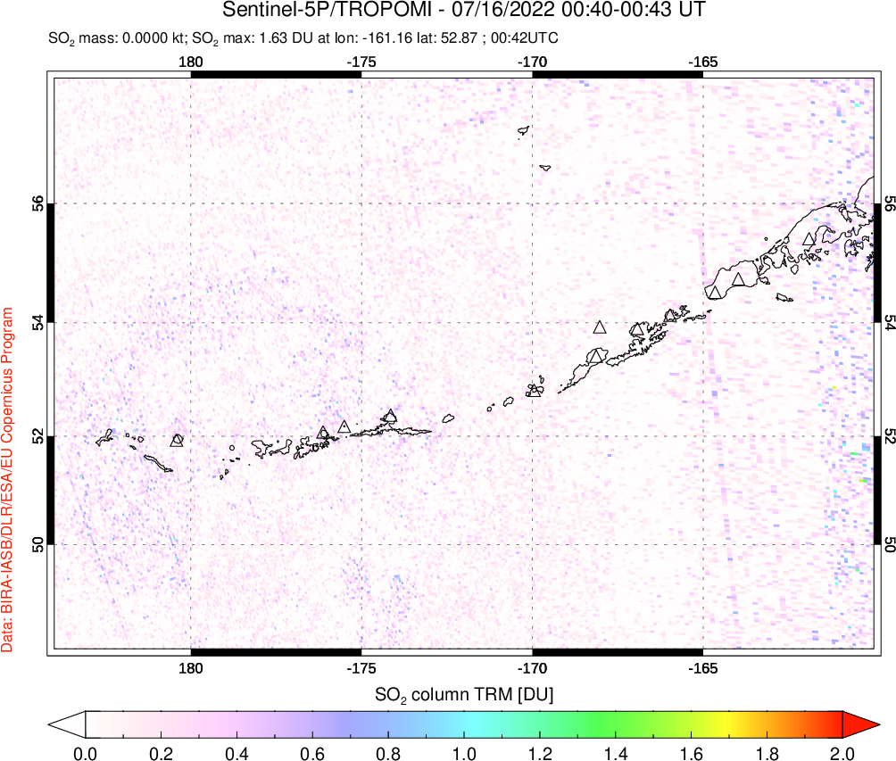 A sulfur dioxide image over Aleutian Islands, Alaska, USA on Jul 16, 2022.