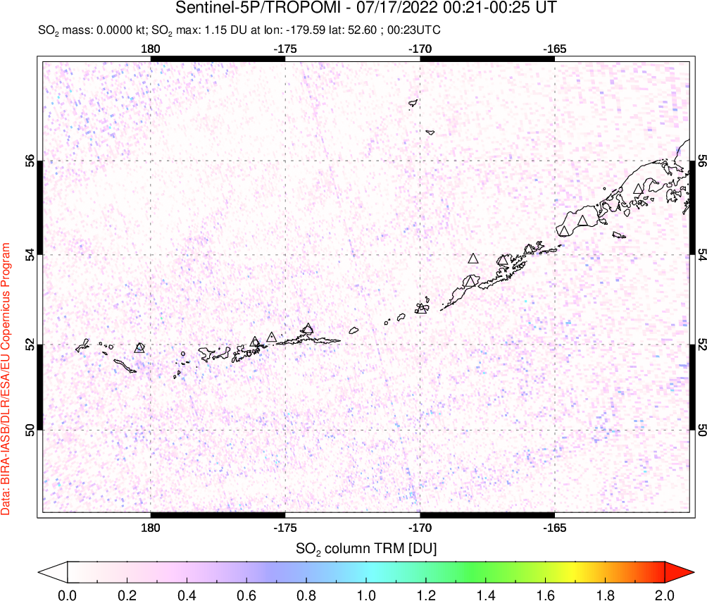 A sulfur dioxide image over Aleutian Islands, Alaska, USA on Jul 17, 2022.