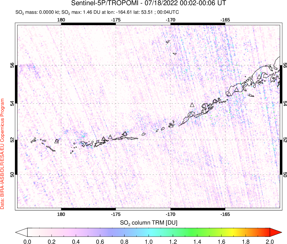 A sulfur dioxide image over Aleutian Islands, Alaska, USA on Jul 18, 2022.
