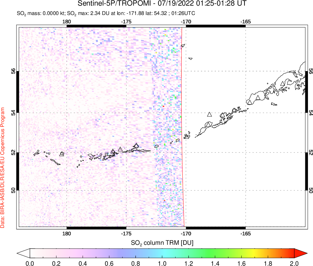A sulfur dioxide image over Aleutian Islands, Alaska, USA on Jul 19, 2022.