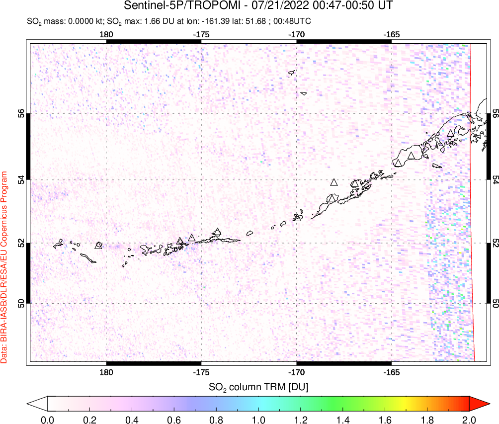 A sulfur dioxide image over Aleutian Islands, Alaska, USA on Jul 21, 2022.
