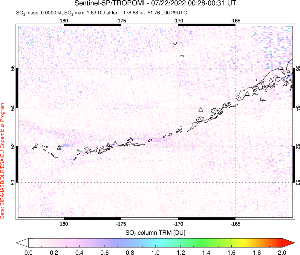 A sulfur dioxide image over Aleutian Islands, Alaska, USA on Jul 22, 2022.