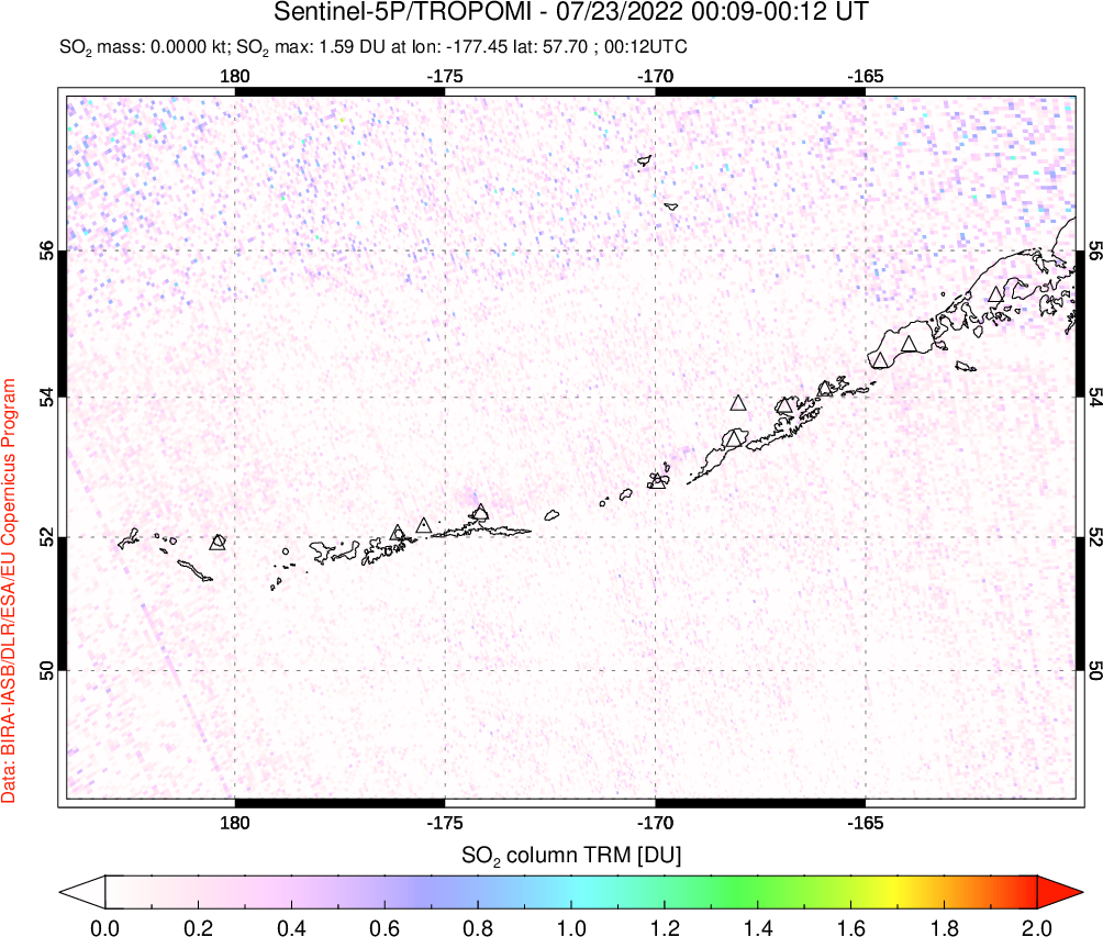 A sulfur dioxide image over Aleutian Islands, Alaska, USA on Jul 23, 2022.