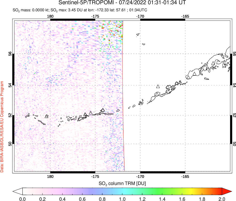A sulfur dioxide image over Aleutian Islands, Alaska, USA on Jul 24, 2022.