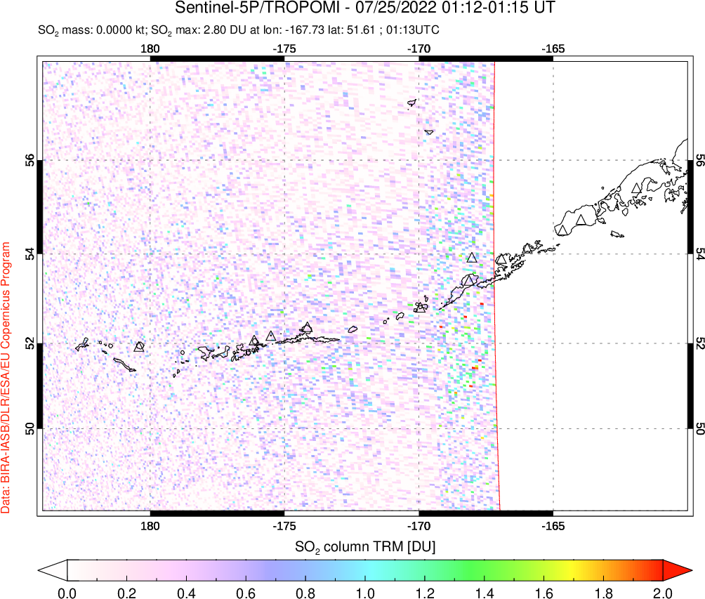 A sulfur dioxide image over Aleutian Islands, Alaska, USA on Jul 25, 2022.