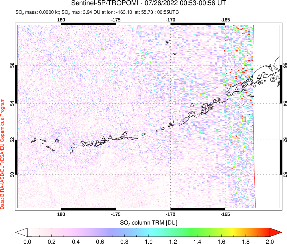 A sulfur dioxide image over Aleutian Islands, Alaska, USA on Jul 26, 2022.