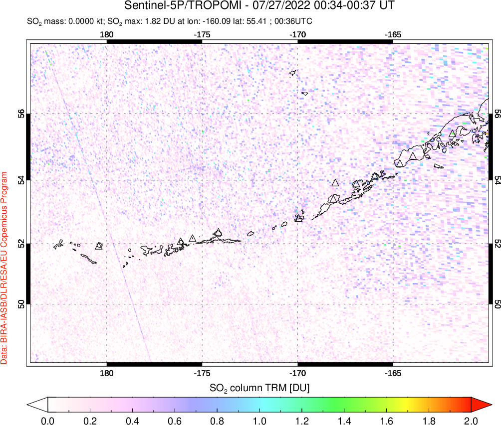 A sulfur dioxide image over Aleutian Islands, Alaska, USA on Jul 27, 2022.