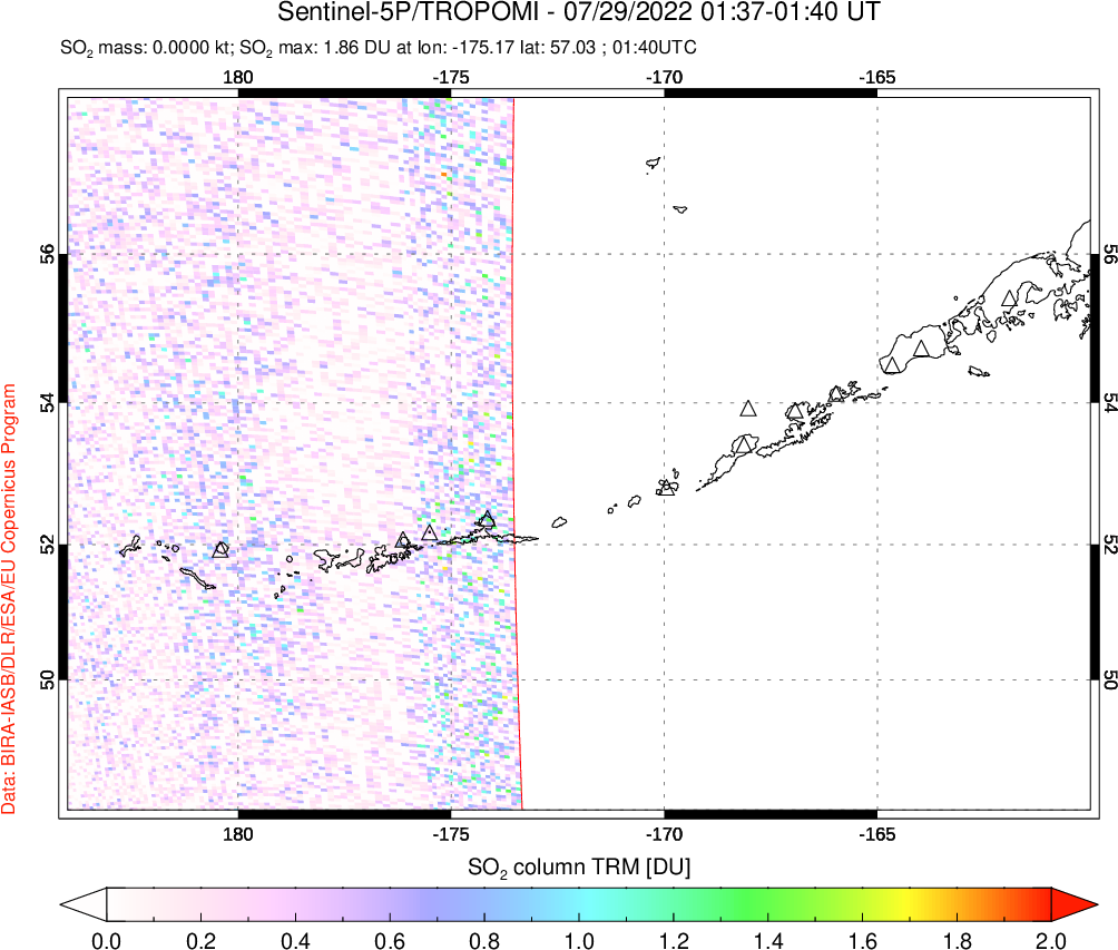 A sulfur dioxide image over Aleutian Islands, Alaska, USA on Jul 29, 2022.