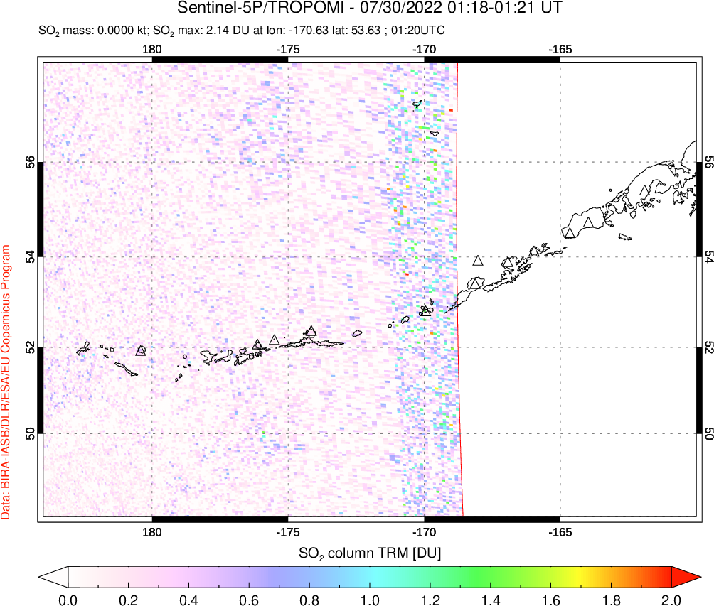 A sulfur dioxide image over Aleutian Islands, Alaska, USA on Jul 30, 2022.