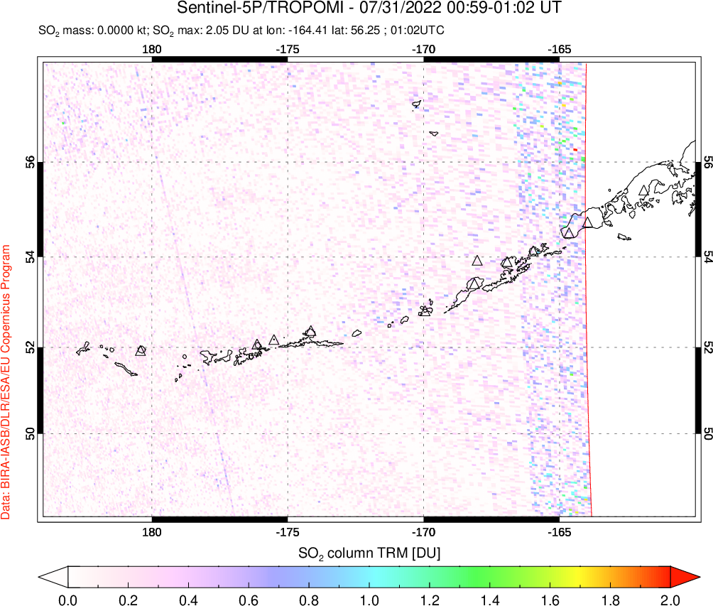 A sulfur dioxide image over Aleutian Islands, Alaska, USA on Jul 31, 2022.