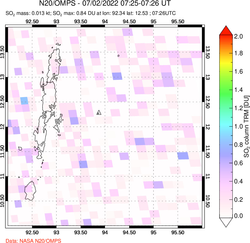 A sulfur dioxide image over Andaman Islands, Indian Ocean on Jul 02, 2022.