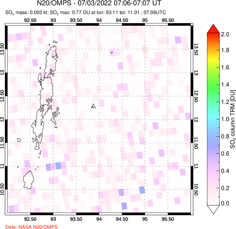 A sulfur dioxide image over Andaman Islands, Indian Ocean on Jul 03, 2022.