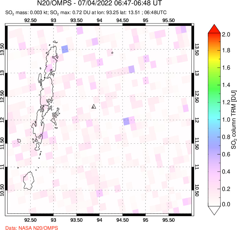 A sulfur dioxide image over Andaman Islands, Indian Ocean on Jul 04, 2022.