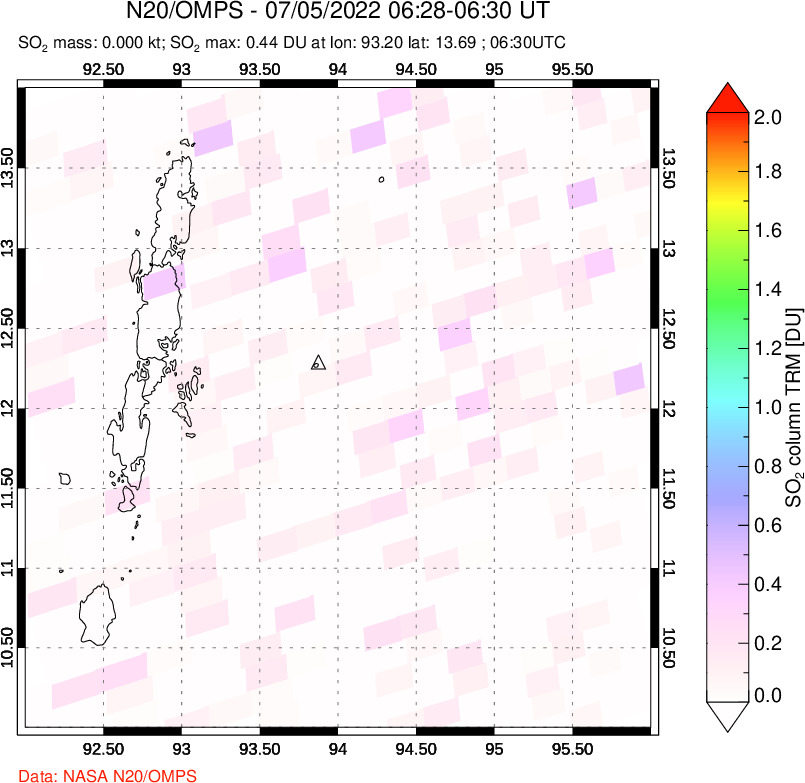 A sulfur dioxide image over Andaman Islands, Indian Ocean on Jul 05, 2022.